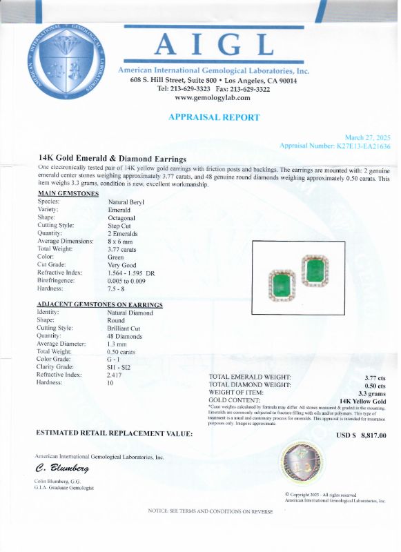 Photo 1 of ORIANNE 3.77ctw EMERALD AND 0.50ctw DIAMOND 14K YELLOW GOLD EARRINGS, WEIGHT OF ITEM 3.3g WITH APPRAISAL  ER008003