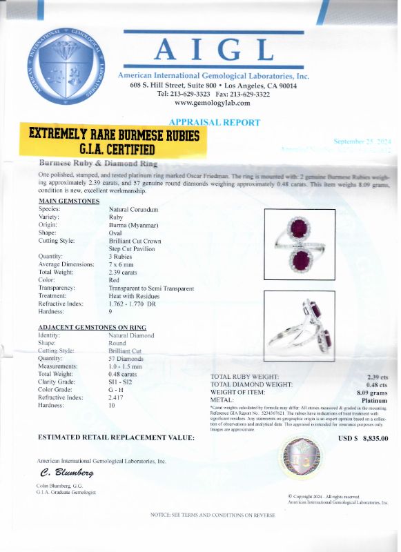 Photo 1 of ORIANNE 2.39ctw BURMESE RUBY AND 0.48ctw DIAMOND PLATINUM RING (GIA CERTIFIED),WEIGHT OF ITEM: 8.09 g SIZE 7 WITH APPRAISAL  RN037329