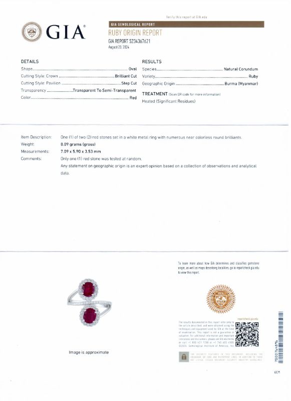 Photo 1 of ORIANNE 2.39ctw BURMESE RUBY AND 0.48ctw DIAMOND PLATINUM RING (GIA CERTIFIED),WEIGHT OF ITEM: 8.09 g SIZE 7 WITH APPRAISAL  RN037329