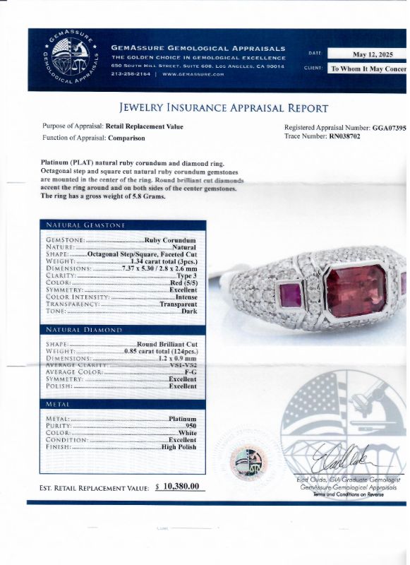Photo 1 of ORIANNE 1.34ctw RUBY AND 0.85ctw DIAMOND PLATINUM RING, TOTAL WEIGHT OF ITEM 5.8g SIZE 7 WITH APPRAISAL   RN038702
