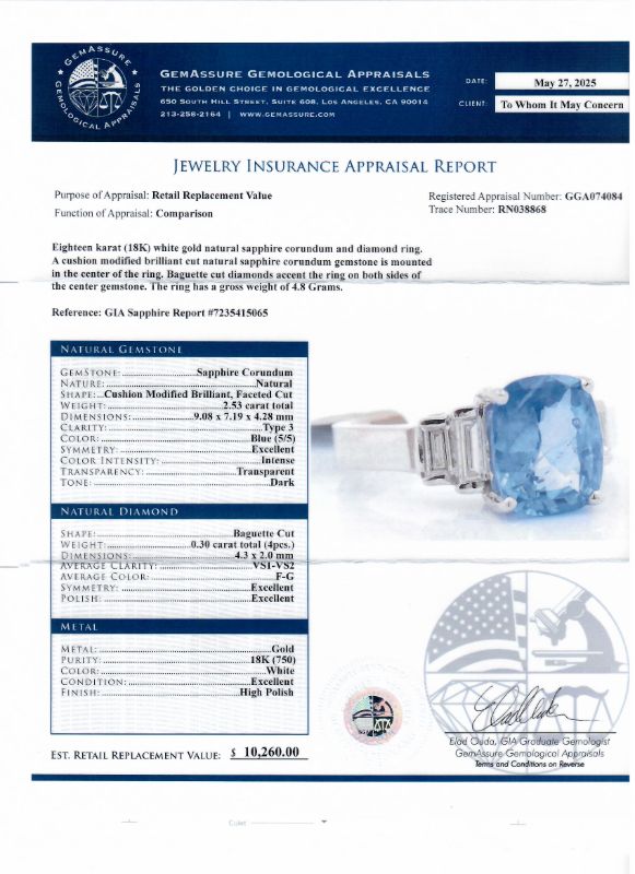 Photo 1 of ORIAN2.53ct BLUE SAPPHIRE AND  0.30ctw DIAMOND 18K WHITE GOLD RING  (GIA CERTIFIED) TOTAL WEIGHT 4.8 g SIZE 5 3/4 WITH APPRAISAL  RN038868
