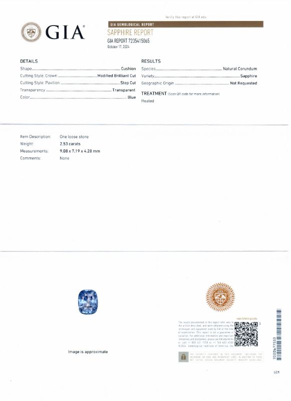 Photo 1 of ORIAN2.53ct BLUE SAPPHIRE AND  0.30ctw DIAMOND 18K WHITE GOLD RING  (GIA CERTIFIED) TOTAL WEIGHT 4.8 g SIZE 5 3/4 WITH APPRAISAL  RN038868