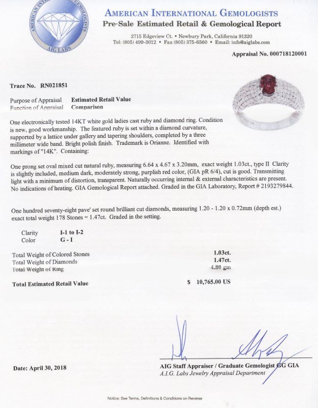 Photo 1 of ORIANNE 1.03ct UNHEATED RUBY AND 1.47ctw DIAMOND 14K WHITE GOLD RING, TOTAL WEIGHT 4.80 g SIZE 7 WITH APPRAISAL RN021851