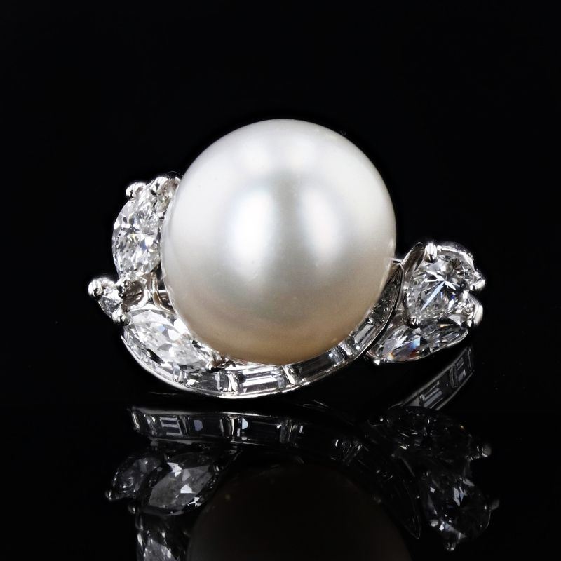 Photo 1 of ORIANNE 13.0mm PEAR SHAPE WHITE SOUTH SEA PEARL AND 1.35ctw DIAMOND PLATINUM RING , TOTAL WEIGHT 11.10 g SIZE 7 WITH APPRAISAL RN027212
