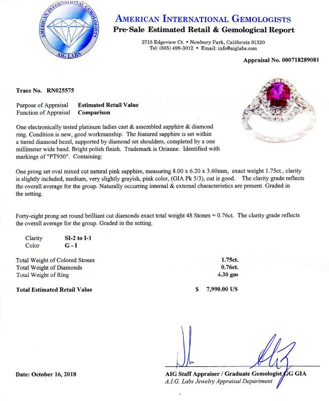 Photo 1 of ORIANNE 1.75ct PINK SAPPHIRE AND 0.76ctw DIAMOND PLATINUM RING TOTAL WEIGHT 4.30 g SIZE 6 1/2 WITH APPRAISAL RN025575