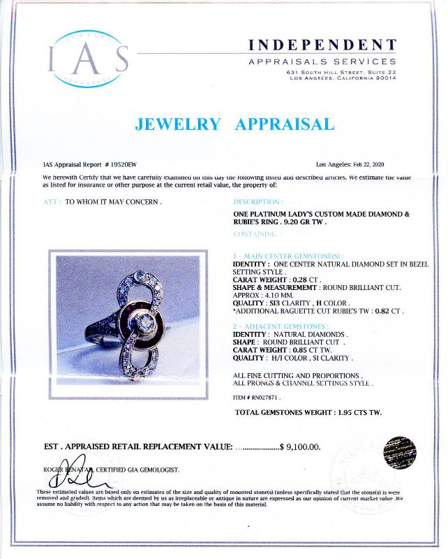 Photo 1 of ORIANNE 0.28ct DIAMOND AND 0.82ct RUBY PLATINUM RING (1.13ctw DIAMONDS) TOTAL WEIGHT 9.20 g SIZE 6 1/4 WITH APPRAISAL RN027871