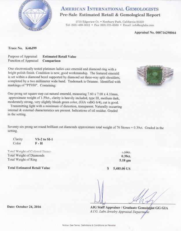 Photo 1 of ORIANNE 1.59ct EMERALD AND 0.39ctw DIAMOND PLATINUM RING TOTAL WEIGHT 5.18 g SIZE 7 WITH APPRAISAL RN021079