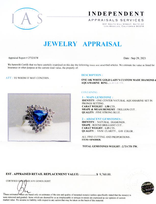 Photo 1 of ORIANNE 1.58ct AQUAMARINE AND 1.15ctw DIAMOND 14K WHITE GOLD RING TOTAL WEIGHT 6.40 g SIZE 6 1/2 WITH APPRAISAL RN030838