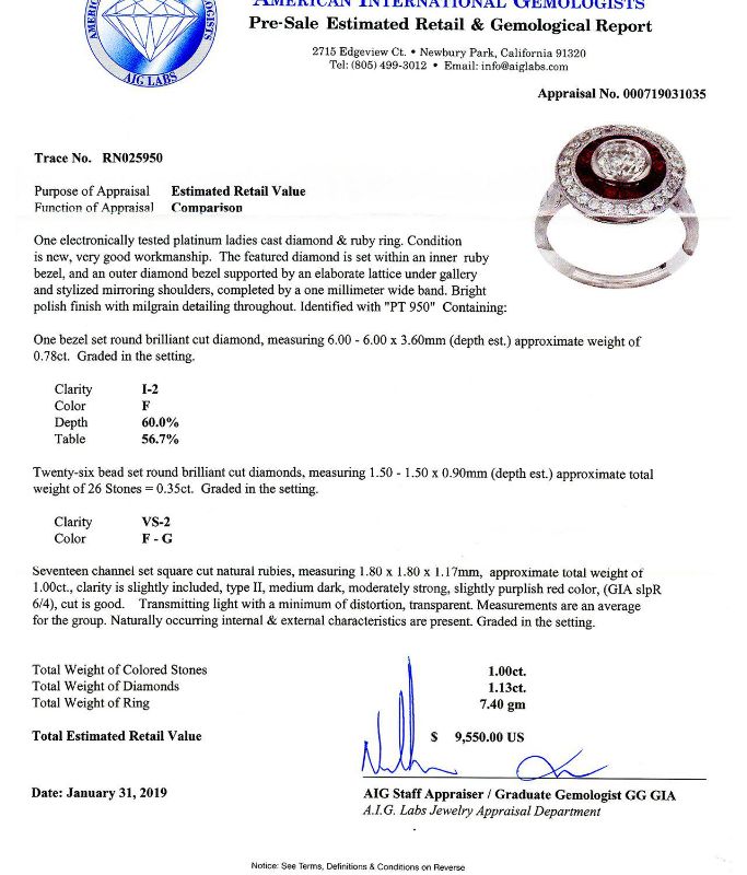 Photo 1 of ORIANNE 0.78ct DIAMOND AND1.00ct RUBY PLATINUM RING  (1.13ctw DIAMONDS) TOTAL WEIGHT 6.40 g SIZE 6 1/4 WITH APPRAISAL RN025950