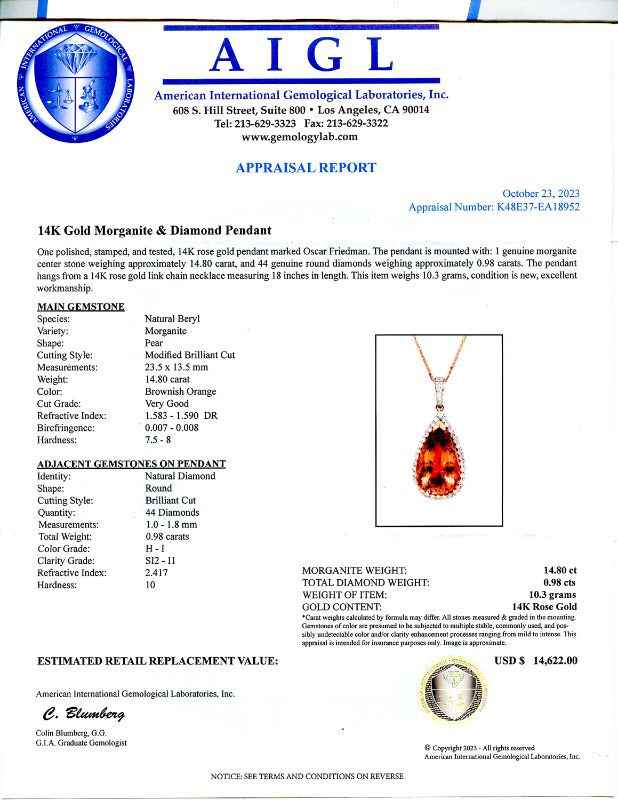 Photo 1 of ORIANNE 14.80ct MORGANITE AND 0.98ctw DIAMOND 14K ROSE GOLD PENDANT WITH CHAIN TOTAL WEIGHT 10.3 g LENGTH 18" WITH APPRAISAL NK015498