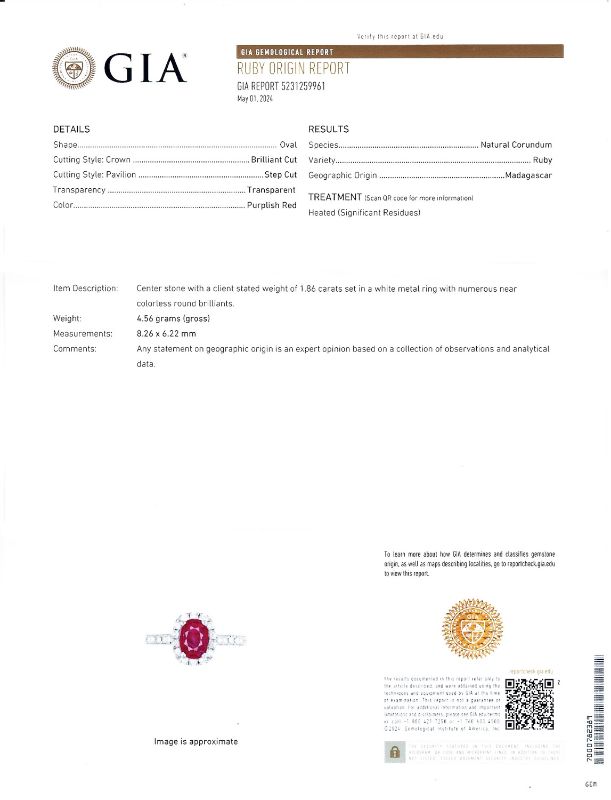 Photo 1 of ORIANNE 1.86ct MADAGASCAR RUBY AND 0.70ctw DIAMOND 18K WHITE GOLD RING (GIA CERTIFIED) TOTAL WEIGHT 4.5 g SIZE 6 1/4 WITH APPRAISAL  RN036410
