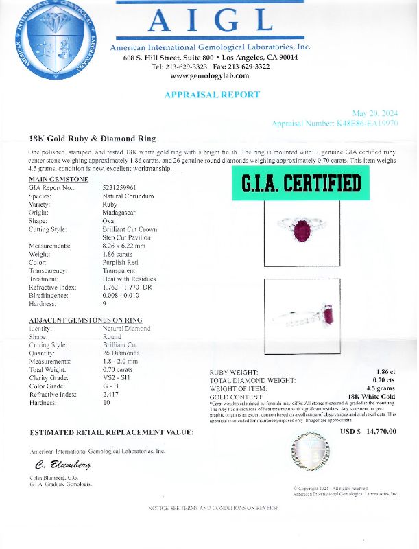Photo 1 of ORIANNE 1.86ct MADAGASCAR RUBY AND 0.70ctw DIAMOND 18K WHITE GOLD RING (GIA CERTIFIED) TOTAL WEIGHT 4.5 g SIZE 6 1/4 WITH APPRAISAL  RN036410
