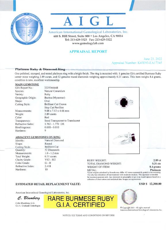 Photo 1 of ORIANNE 2.89ct BURMESE RUBY AND 0.31ctw DIAMOND PLATINUM RING (GIA CERTIFIED) TOTAL WEIGHT 8.4 g SIZE 7 1/2 WITH APPRAISAL RN032618