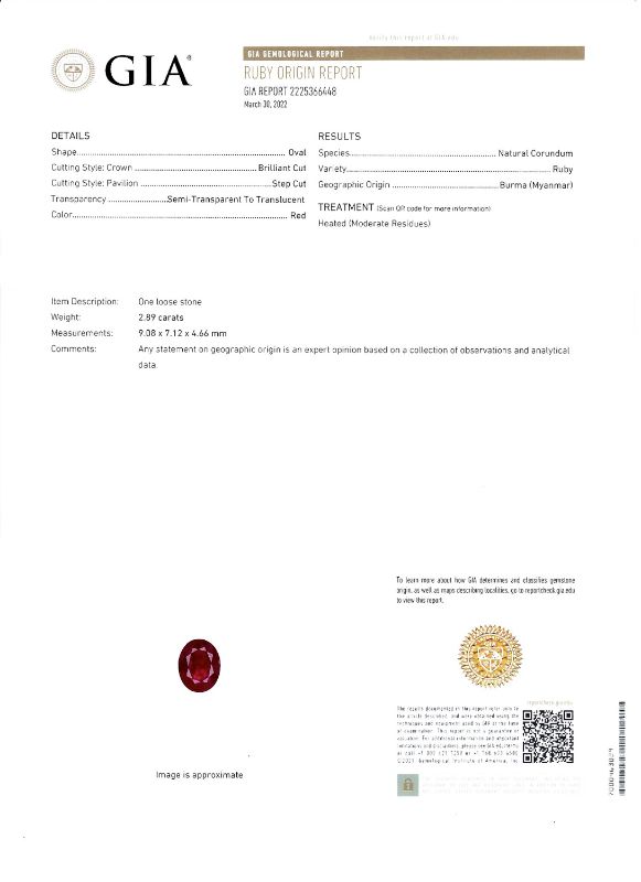 Photo 1 of ORIANNE 2.89ct BURMESE RUBY AND 0.31ctw DIAMOND PLATINUM RING (GIA CERTIFIED) TOTAL WEIGHT 8.4 g SIZE 7 1/2 WITH APPRAISAL RN032618