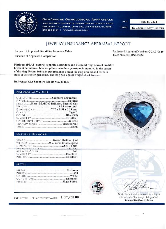 Photo 1 of ORIANNE 1.85ct HEART SHAPED BLUE SAPPHIRE AND 0.67ctw DIAMOND PLATINUM RING (GIA CERTIFIED) TOTAL WEIGHT 6.4 g SIZE 6 3/4 WITH APPRAISAL RN036234