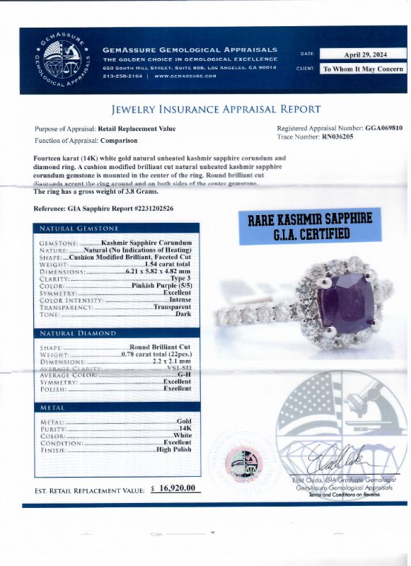 Photo 1 of ORIANNE 1.54ct UNHEATED PINKISH PURPLE KASHMIR SAPPHIRE AND 0.78ctw DIAMOND 14K WHITE GOLD RING (GIA CERTIFIED) TOTAL WEIGHT 3.8 g SIZE 7 WITH APPRAISAL RN036205