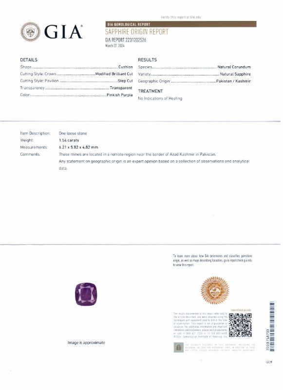 Photo 1 of ORIANNE 1.54ct UNHEATED PINKISH PURPLE KASHMIR SAPPHIRE AND 0.78ctw DIAMOND 14K WHITE GOLD RING (GIA CERTIFIED) TOTAL WEIGHT 3.8 g SIZE 7 WITH APPRAISAL RN036205