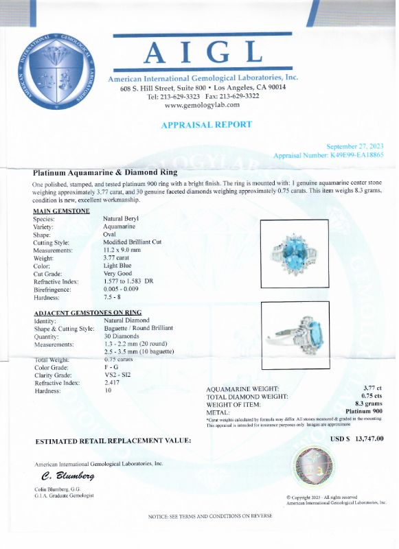 Photo 1 of ORIANNE 3.77ct AQUAMARINE AND 0.75ctw DIAMOND PLATINUM RING TOTAL WEIGHT 8.3 g SIZE 6 1/2 WITH APPRIASAL RN035029