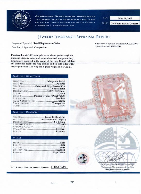 Photo 1 of ORIANNE 7.76ct MORGANITE AND 0.91ctw DIAMOND 14K ROSE GOLD RING TOTAL WEIGHT 5.6 g SIZE 7 WITH APPRAISAL RN038786