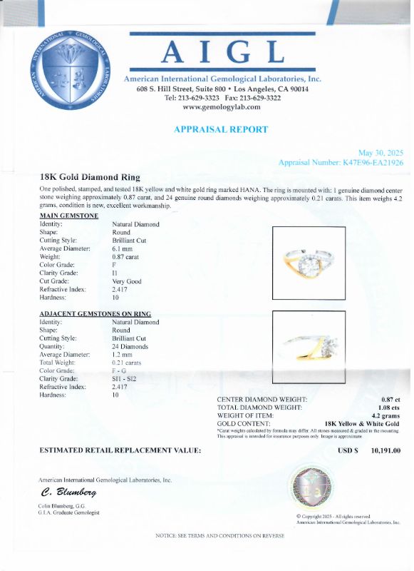 Photo 1 of ORIANNE 0.87ct F COLOR I1 CLARITY CENTER DIAMOND18K YELLOW AND WHITE GOLD RING (1.08ctw Diamonds) TOTAL WEIGHT 4.2 g SIZE 6 1/2 WITH APPRAISAL RN038824