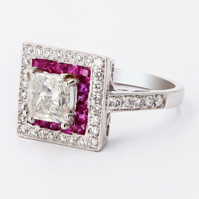 Photo 1 of ORIANNE 1.30ct CENTER DIAMOND AND 0.68ctw RUBY PLATINUM RING (1.72ctw Diamonds) TOTAL WEIGHT 7.7 g SIZE 6 1/2 WITH APPRAISAL RN026449