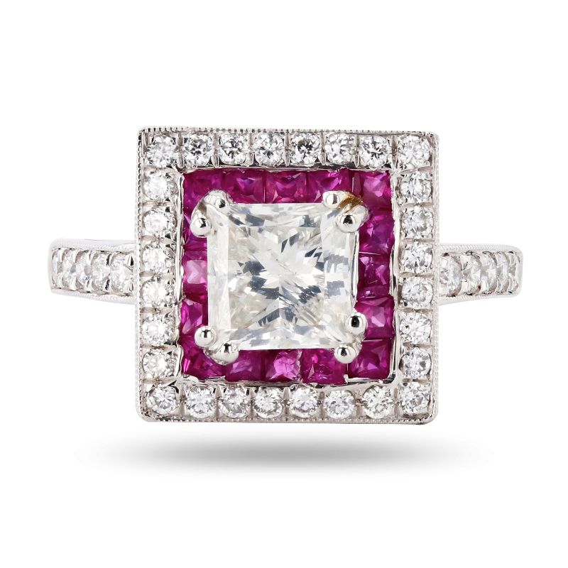 Photo 1 of ORIANNE 1.30ct CENTER DIAMOND AND 0.68ctw RUBY PLATINUM RING (1.72ctw Diamonds) TOTAL WEIGHT 7.7 g SIZE 6 1/2 WITH APPRAISAL RN026449