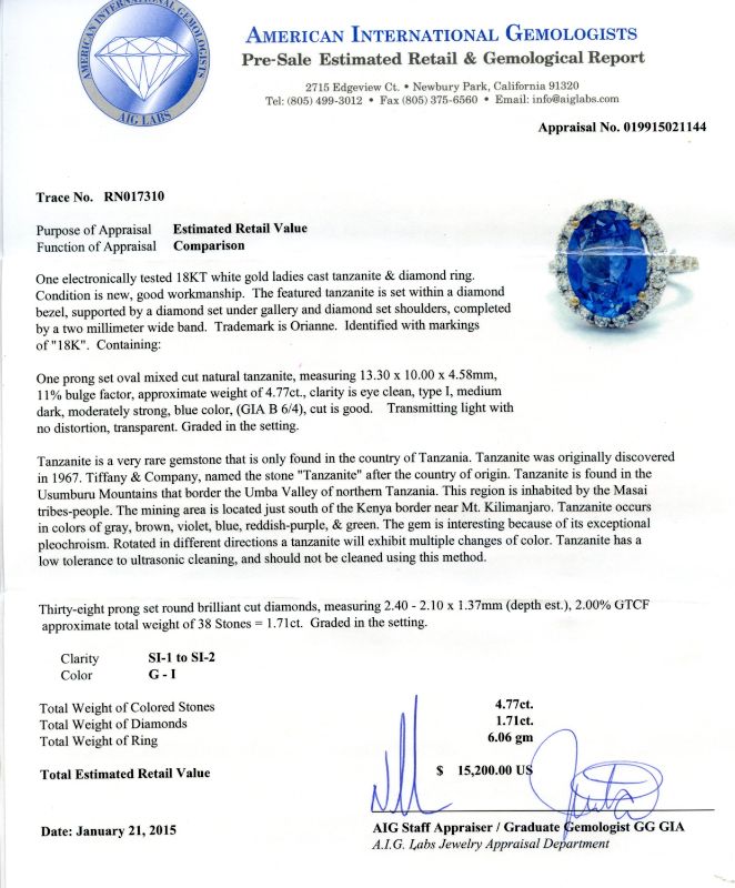 Photo 1 of ORIANNE 4.77ct TANZANITE AND 1.71ctw DIAMOND 18K WHITE GOLD RING, TOTAL WEIGHT OF RING 6.06 g SIZE 6 3/4 WITH APPRAISAL  RN017310