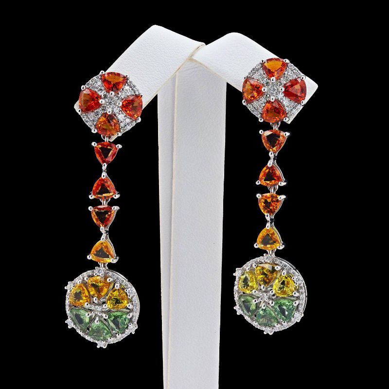 Photo 1 of ORIANNE 14.27ctw MULTI-COLOR SAPPHIRE AND 1.16ctw DIAMOND PLATINUM DANGLE EARRINGS TOTAL WEIGHT 18.5 g WITH APPRAISAL ER005841