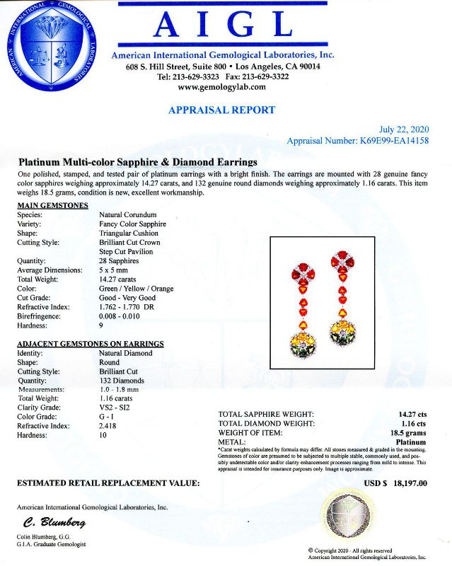 Photo 1 of ORIANNE 14.27ctw MULTI-COLOR SAPPHIRE AND 1.16ctw DIAMOND PLATINUM DANGLE EARRINGS TOTAL WEIGHT 18.5 g WITH APPRAISAL ER005841