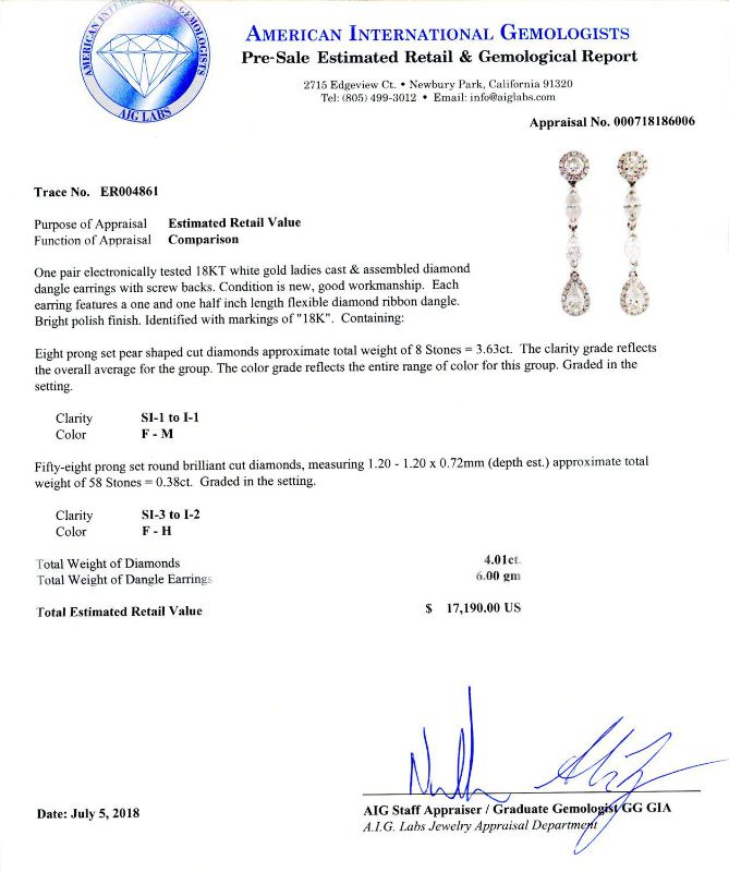 Photo 1 of ORIANNE 4.01ctw DIAMOND 18K WHITE GOLD DANGLE EARRINGS TOTAL WEIGHT 6.0 g WITH APPRAISAL ER004861