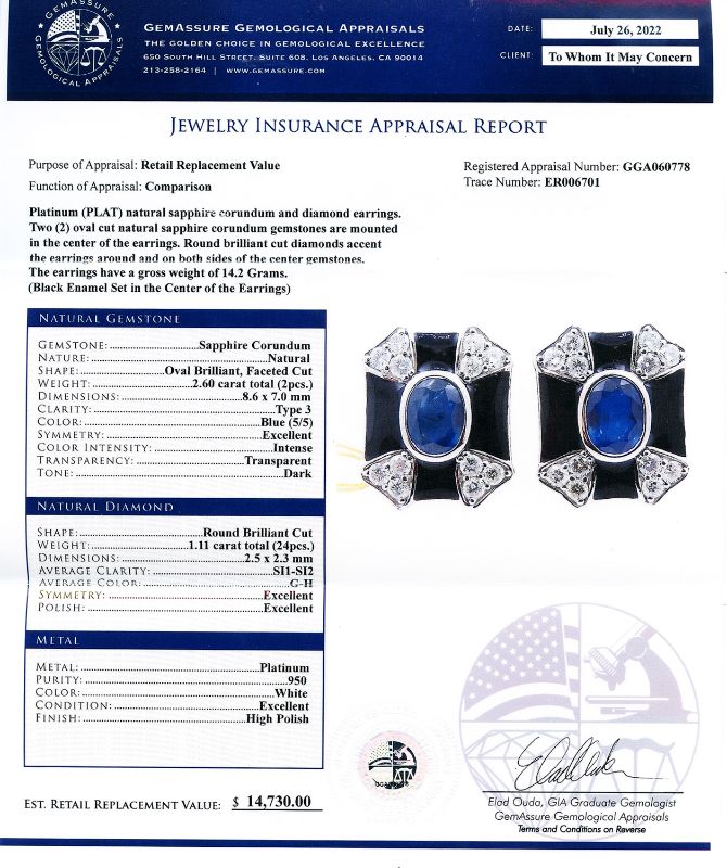 Photo 1 of ORIANNE 2.60ctw BLUE SAPPHIRE AND 1.11ctw DIAMOND PLATINUM EARRINGS, TOTAL WEIGHT 14.2 g WITH APPRAISAL  ER006701