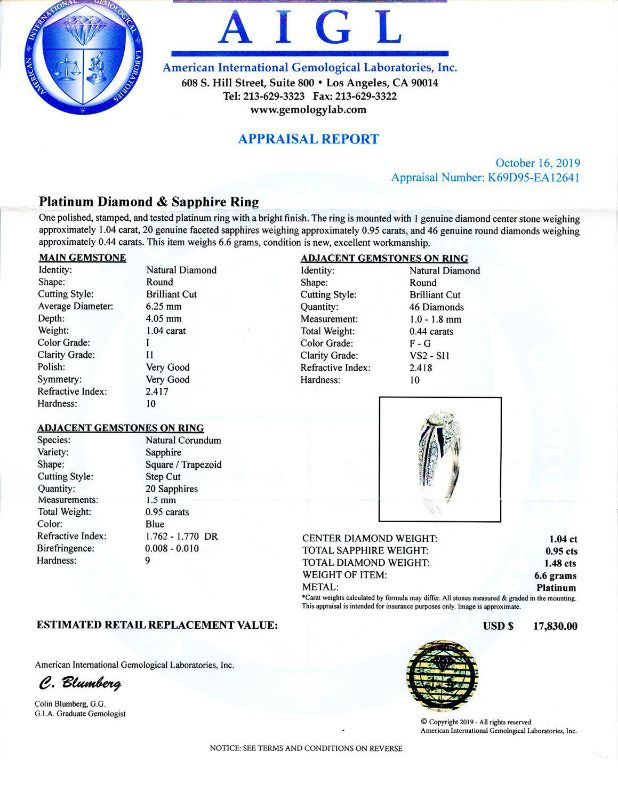 Photo 1 of ORIANNE 1.04ct CENTER DIAMOND AND 0.95ctw BLUE SAPPHIRE PLATINUM RING (1.48ctw DIAMONDS) TOTAL WEIGHT 6.3 g SIZE 6 3/4 WITH APPRAISAL RN027091