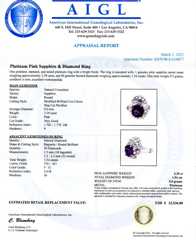 Photo 1 of  ORIANNE 3.39ct PINK SAPPHIRE AND 1.54ctw DIAMOND PLATINUM RING, TOTAL WEIGHT 9.5 g SIZE 7 1/2 WITH APPRAISAL RN031705