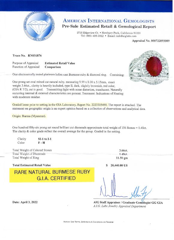 Photo 1 of ORIANNE3.66ct BURMESE RUBY AND 1.40ctw DIAMOND PLATINUM RING (GIA CERTIFIED) TOTAL WEIGHT 11.50 g SIZE 7 1/4 WITH APPRAISAL RN031876