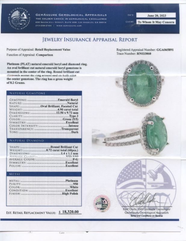 Photo 1 of ORIANNE 4.90ct MERALD AND 0.72ctw DIAMOND PLATINUM RING TOTAL WEIGHT 8.2 g SIZE 6 1/2 WITH APPRAISAL RN033060