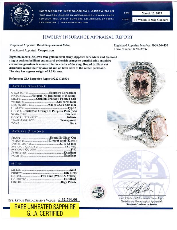 Photo 1 of ORIANNE 3.15ct UNHEATED PURPLEISH PINK SAPPHIRE AND 1.02ctw DIAMOND 18K WHITE AND YELLOW GOLD RING (GIA CERTIFIED) TOTAL WEIGHT 5.5 g SIZE 6 3/4 WITH APPRAISAL RN033756