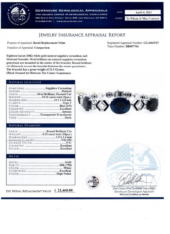 Photo 1 of ORIANNE 29.31ctw BLUE SAPPHIRE AND 0.25ctw DIAMOND 18K WHITE GOLD BRACELET WITH BLACK ENAMEL TOTAL WEIGHT 22.5 g LENGTH 7" WITH APPRAISAL BR007764