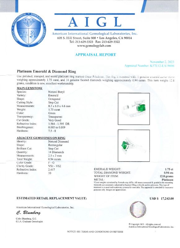 Photo 1 of ORIANNE 1.75ct EMERALD AND 0.94ctw DIAMOND PLATINUM RING TOTAL WEIGHT 12.8 g SIZE 6 1/4 WITH APPRAISAL RN035193