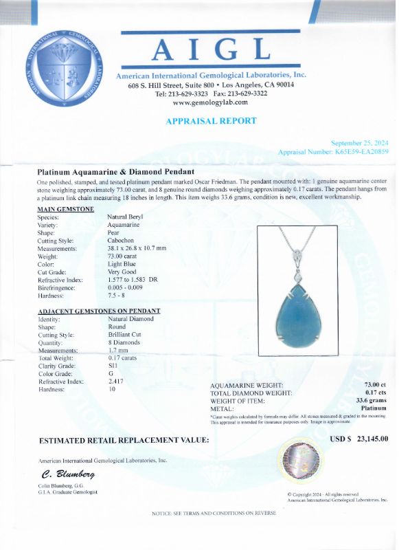 Photo 1 of ORIANNE 73.00ct AQUAMARINE AND 0.17ctw DIAMOND PLATINUM PENDANT WITH CHAIN TOTAL WEIGHT 33.6 g LENGTH 18" WITH APPRAISAL NK016181
