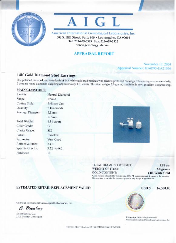 Photo 1 of ORIANNE 1.81ctw G COLOR SI2 CLARITY DIAMOND 14K WHITE GOLD STUD EARRINGS TOTAL WEIGHT 2.0 g WITH APPRAISAL ER007819
