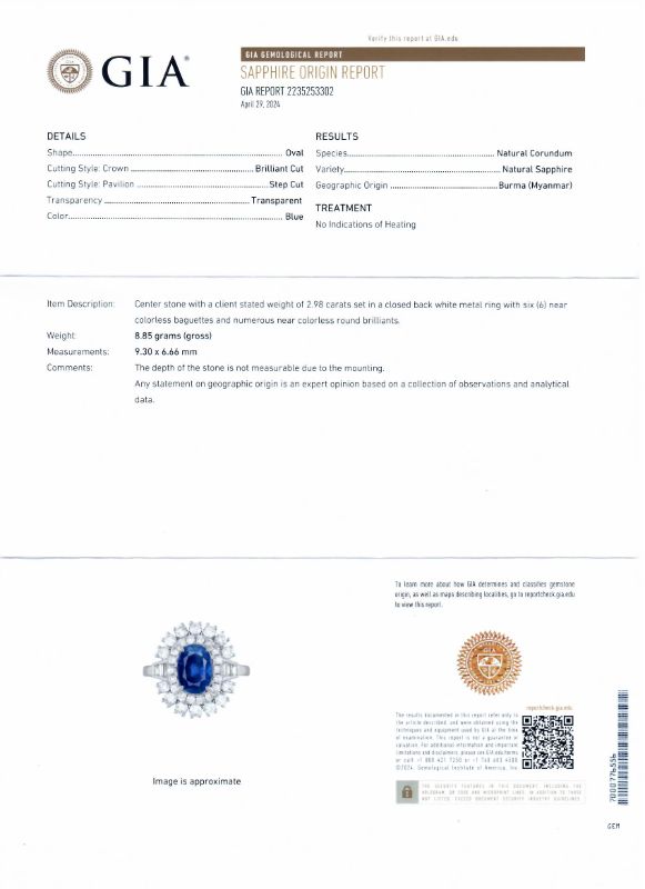 Photo 1 of ORIANNE 2.98ct UNHEATED BLUE BURMESE SAPPHIRE AND 1.37ctw DIAMOND PLATINUM RING (GIA CERTIFIED) TOTAL WEIGHT 8.8 g SIZE 7 WITH APPRAISAL RN036010