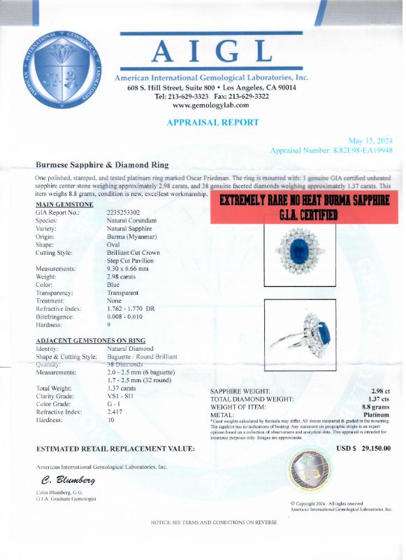 Photo 1 of ORIANNE 2.98ct UNHEATED BLUE BURMESE SAPPHIRE AND 1.37ctw DIAMOND PLATINUM RING (GIA CERTIFIED) TOTAL WEIGHT 8.8 g SIZE 7 WITH APPRAISAL RN036010