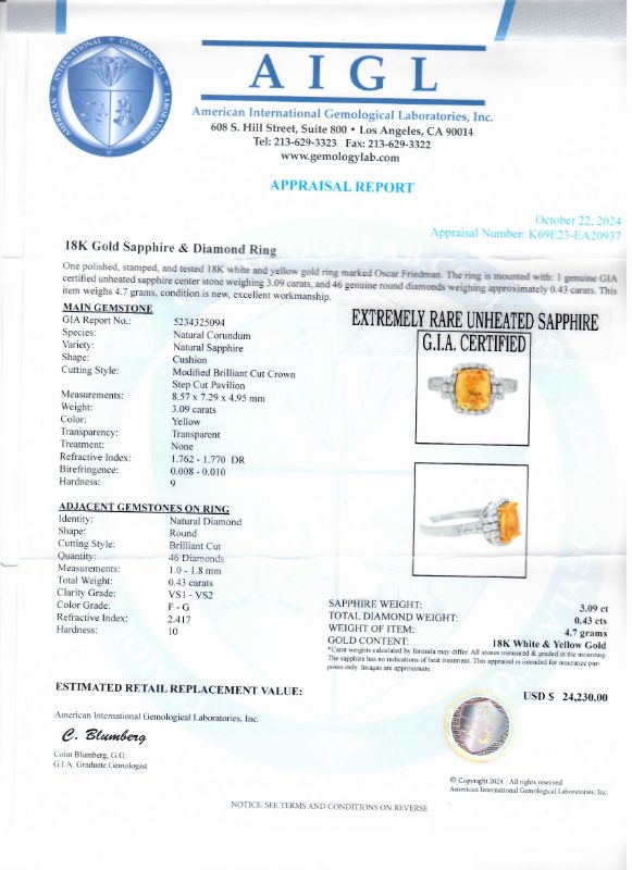 Photo 1 of ORIANNE 3.09ct UNHEATED YELLOW SAPPHIRE AND 0.43ctw Diamond 18K WHITE AND YELLOW GOLD RING (GIA CERTIFIED) TOTAL WEIGHT 4.7 g SIZE 7 WITH APPRAISAL RN037520