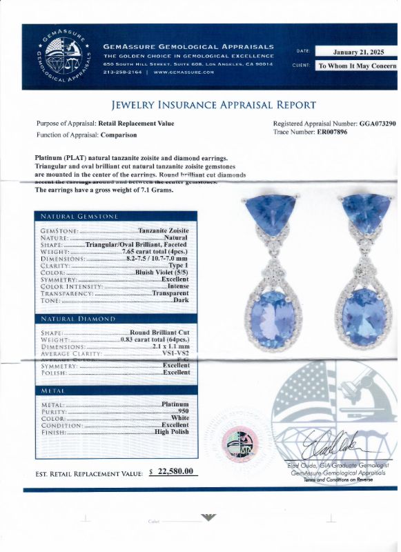 Photo 1 of ORIANNE 7.65ctw TANZANITE AND  0.83ctw DIAMOND PLATINUM DANGLE EARRINGS TOTAL WEIGHT 7.1 g WITH APPRAISAL ER007896