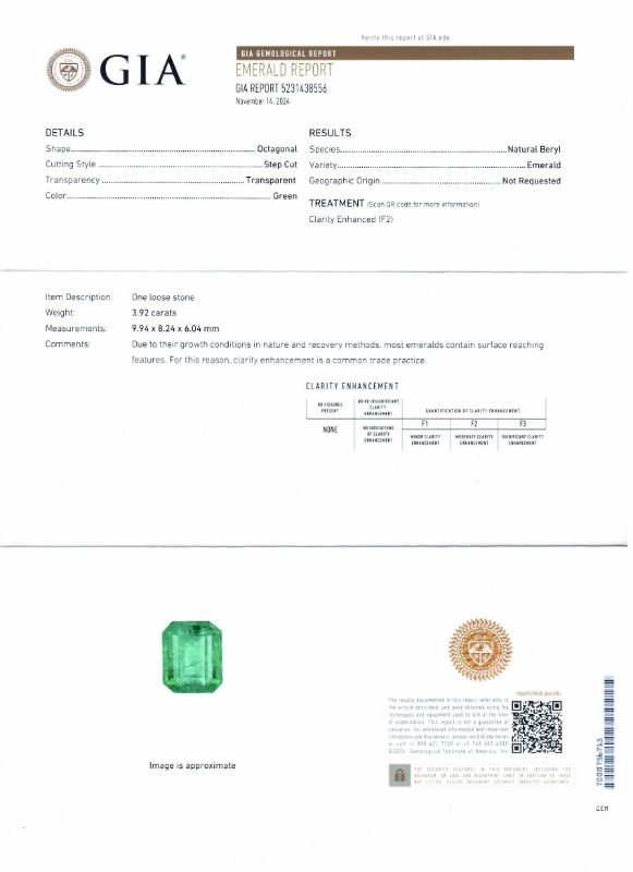 Photo 1 of ORIANNE 3.92ct EMERALD AND 0.85ctw DIAMOND PLATINUM RING (GIA CERTIFIED) TOTAL WEIGHT 10.8 g SIZE 7 WITH APPRAISAL RN038514