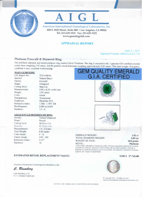 Photo 1 of ORIANNE 3.92ct EMERALD AND 0.85ctw DIAMOND PLATINUM RING (GIA CERTIFIED) TOTAL WEIGHT 10.8 g SIZE 7 WITH APPRAISAL RN038514