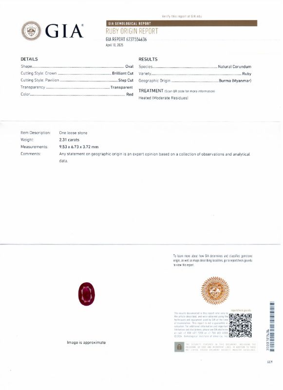 Photo 1 of ORIANNE 2.31ct BURMESE RUBY AND 0.51ctw DIAMOND18K WHITE GOLD RING (GIA CERTIFIED)
TOTAL WEIGHT 5.2 g SIZE 7 WITH APPRAISAL RN038757