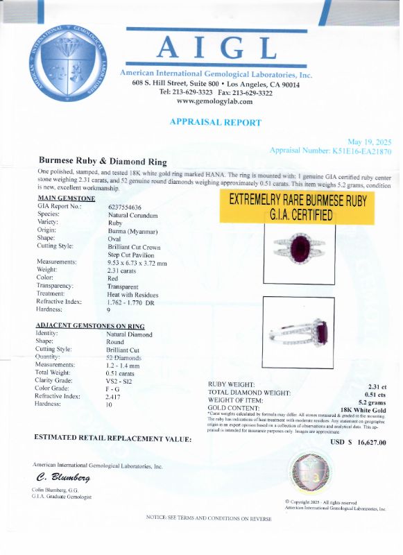 Photo 1 of ORIANNE 2.31ct BURMESE RUBY AND 0.51ctw DIAMOND18K WHITE GOLD RING (GIA CERTIFIED)
TOTAL WEIGHT 5.2 g SIZE 7 WITH APPRAISAL RN038757