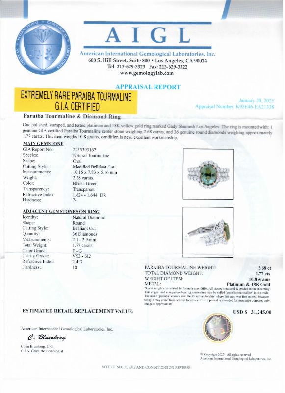 Photo 1 of ORIANNE 2.68ct PARABIA TOURMALINE AND  1.77ctw DIAMOND PLATINUM AND 18K YELLOW GOLD RING (GIA CERTIFIED) TOTAL WEIGHT 10.8 g SIZE 7