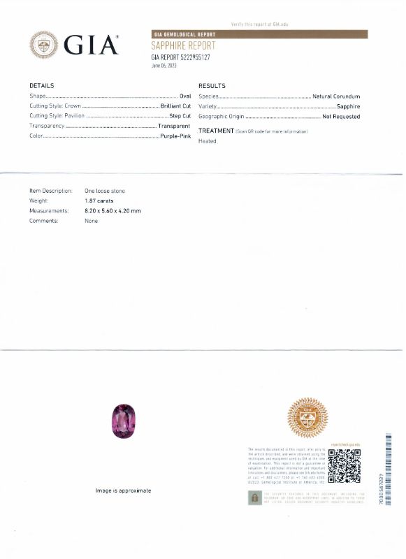 Photo 1 of ORIANNE 1.87ct PURPLE PINK SAPPHIRE AND  0.84ctw DIAMOND PLATINUM RING TOTAL WEIGHT  7.8 g  (GIA CERTIFIED) SIZE 6 3/4 WITH APPRAISAL RN034901